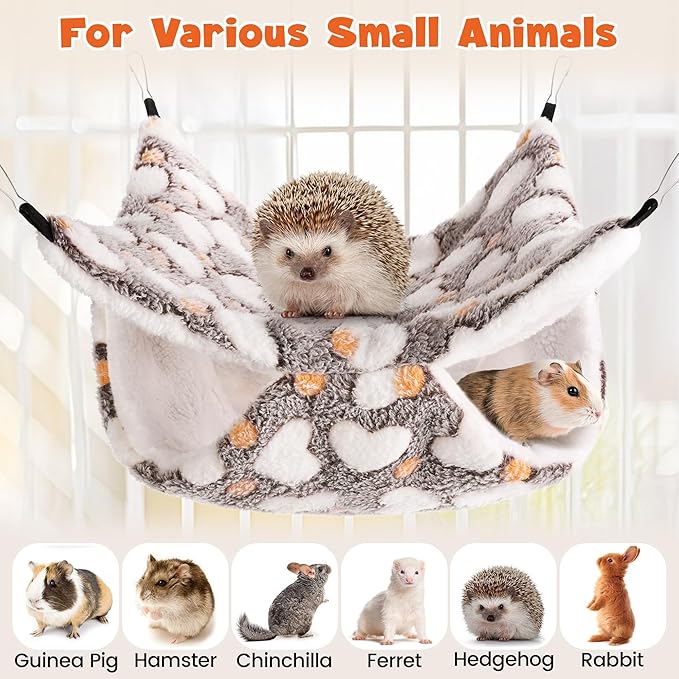 MCEAST 4 Pieces Small Pets Cage Accessories Hanging Hammock Sleeping Bag Tunnel and Bed Hideout Set Warm Sleep Nap Sack Bed for Hamster Ferret Squirrel Rabbit, Coffee Hearts