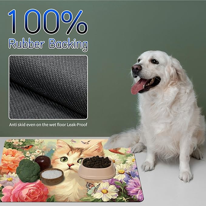 Dog Food Mat, 15.7" x 23.6" Absorbent Pet Feeding Mat for Food and Water, Waterproof Diatom Mud Pet Placemat with Non-Slip Rubber Backing, Easy Clean Cat Bowl Mat for Floors - Peony Cat