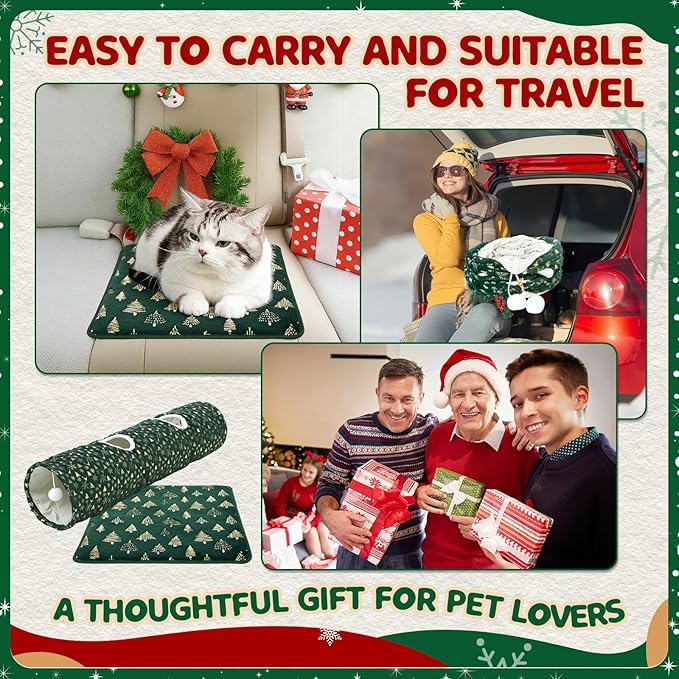 Thyle 2 Pcs Christmas Cat Tunnel for Indoor Cats & Self Warming Pet Bed, 49 ×12 Inch Green Straight Collapsible Pet Tube with Plush Inside Include Balls Peek Hole Xmas Tree Snowflakes Self Heating Mat