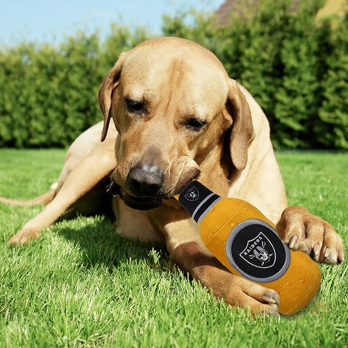 Pets First NFL LAS Vegas Raiders Beer Bottle Plush Dog&CAT Squeak Toy-Cutest Stadium SODA Bottle Snack Plush Toy for Dogs&Cats with Inner Squeaker&Beautiful Football Team Name/Logo 10 x 3 x 3 Inches