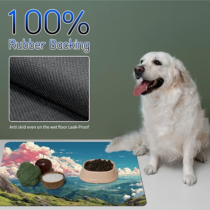 Dog Food Mat, 19.6" x 23.6" Absorbent Pet Feeding Mat for Food and Water, Waterproof Diatom Mud Pet Placemat with Non-Slip Rubber Backing, Cat Bowl Mat for Floors - Pink Cloud Mountain