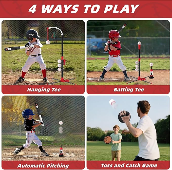 Wee Wonders 4 in 1 T-Ball Sets for Kids 3-5 with Toss and Catch Ball, Toddler Baseball with Auto Pitching Machine/6 Balls, Outdoor Sport Toys Gifts for Boys Girls