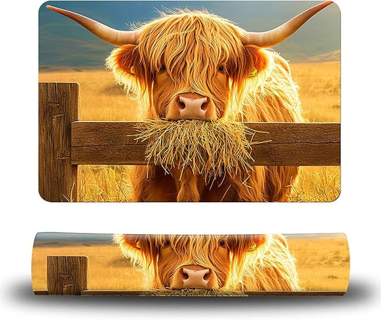 Dog Food Mat, 15.7" x 23.6" Absorbent Pet Feeding Mat for Food and Water, Waterproof Diatom Mud Pet Placemat with Non-Slip Rubber Backing, Easy Clean Cat Bowl Mat for Floors - Yellow Lawn Cow