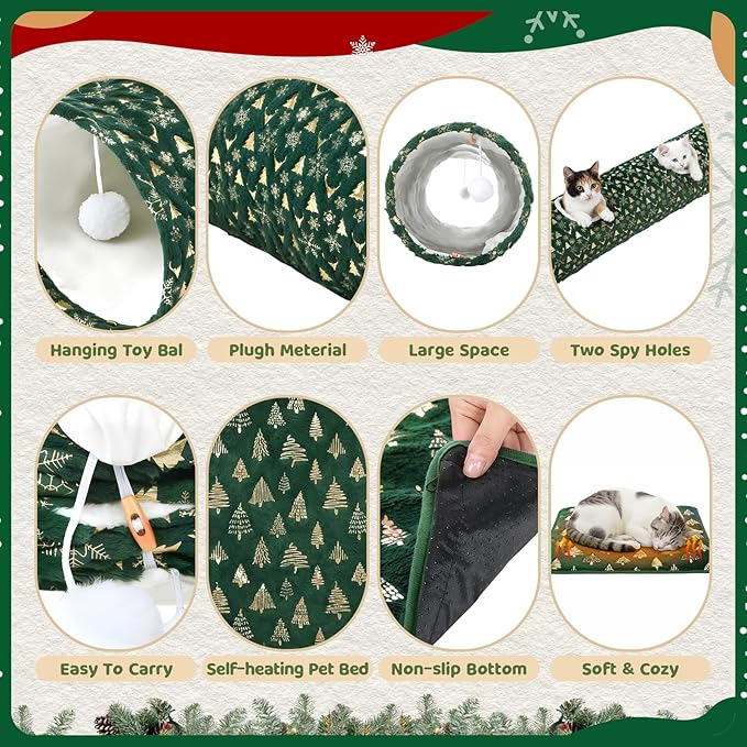Thyle 2 Pcs Christmas Cat Tunnel for Indoor Cats & Self Warming Pet Bed, 49 ×12 Inch Green Straight Collapsible Pet Tube with Plush Inside Include Balls Peek Hole Xmas Tree Snowflakes Self Heating Mat