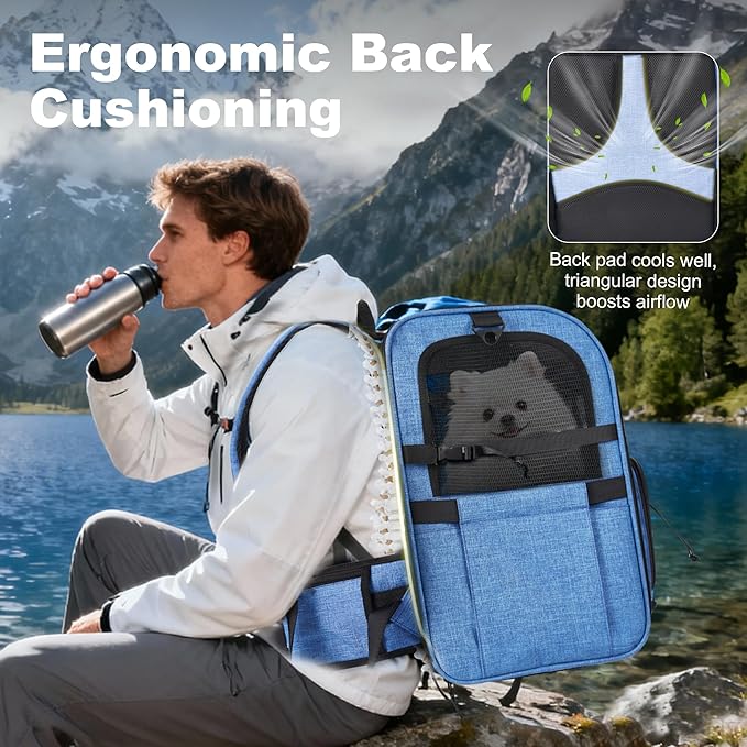 Dog Carrier Backpack for Small Dogs - Breathable Mesh Hiking Bag with Safety Buckle, Adjustable Straps and Standard Pad - Durable for Hiking (Fits Small Cats Too, Up to 17lbs, Blue)