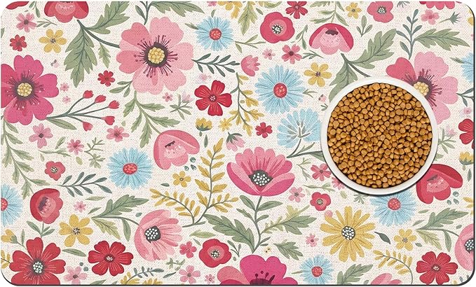 Pet Dog Cat Food Mat, Absorbent Quick Dry Dog Bowl Mats for Food and Water, Non Slip Boho Floral Dogs Cat Placemats Feeding Mat for Floors Indoor Puppy Pet Accessories Supplies 17 * 30 inch