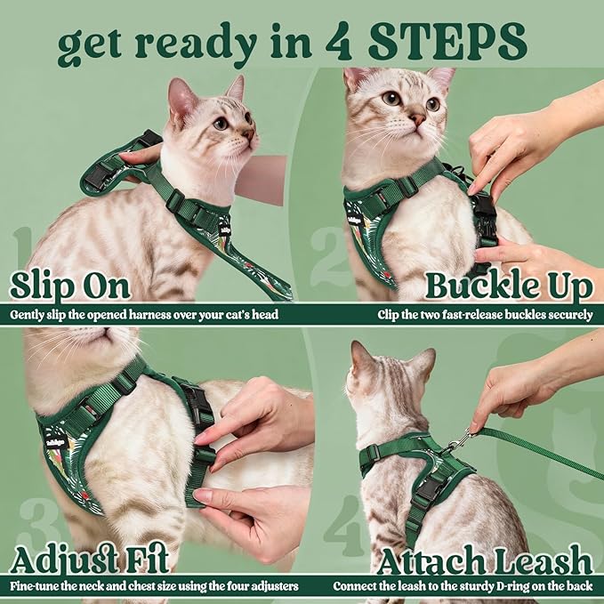 rabbitgoo Cat Harness and Leash Set, Escape Proof Kitten Harness for Safe Outdoor Walks, Soft Breathable Adjustable Vest with Reflective Strips for Kittens and Small Cats, Rainforest Green, XS