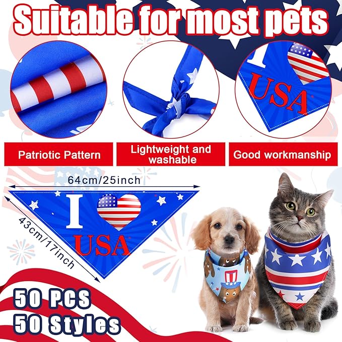 Huhumy 50 Pcs 4th of July Dog Bandanas 250th Anniversary Pet Bandanas Bulk Independence Day Triangle Pet Bibs Scarf for Medium Large Dog 4th of July 250th Festival Costume