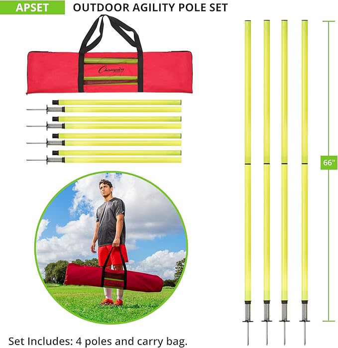 Champion Sports Outdoor Sports Agility Pole Set, 4 Rubber Bases with 12 PVC Poles, 66 Inches, Yellow