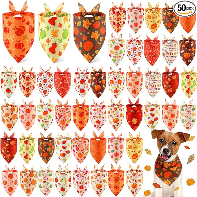 Abbylike 50 Pcs Fall Thanksgiving Dog Bandana Bulk Pumpkin Bandana for Dogs Triangle Kerchief Bib Scarf for Pets Autumn Costume Photo Props Accessories Pet Shops, 25 Styles (25.6 x 17.7 x 17.7)