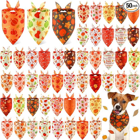 Abbylike 50 Pcs Fall Thanksgiving Dog Bandana Bulk Pumpkin Bandana for Dogs Triangle Kerchief Bib Scarf for Pets Autumn Costume Photo Props Accessories Pet Shops, 25 Styles (25.6 x 17.7 x 17.7)
