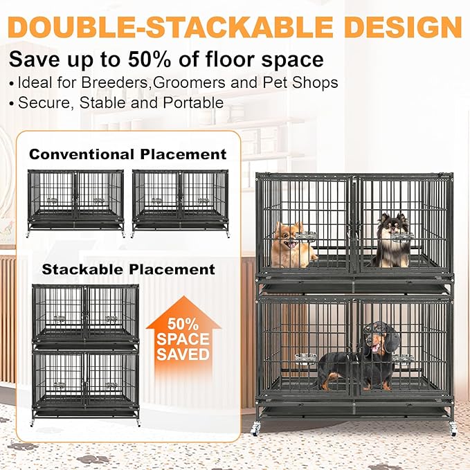 Homey Pet 43 inch Dog Crate Stackable Heavy Duty Dog Kennel Indoor Dog Grooming Cage with Detachable Divider, Removable Tray, Wheels, Feeding Bowls (2 Tiers)
