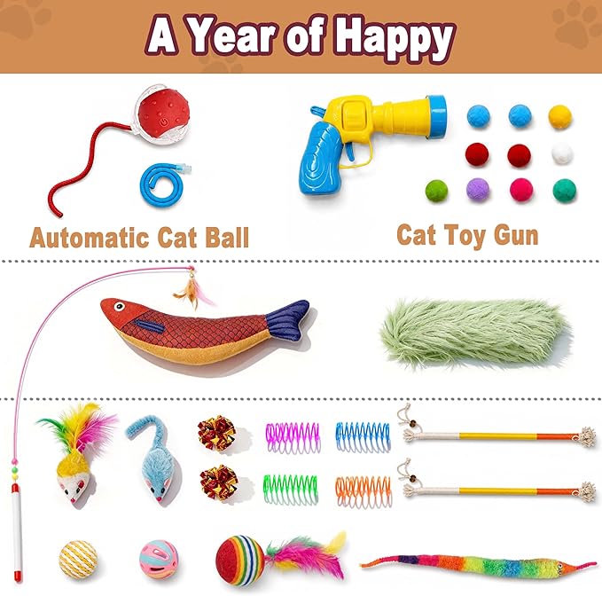 31 Pcs Interactive Cat Toys for Indoor Cats, Cat Tunnel with Moving Ball, Cat Toy Launcher, Catnip Toys, Chew Rope, Feather Wand, Springs and Balls for Indoor Kittens, Grey