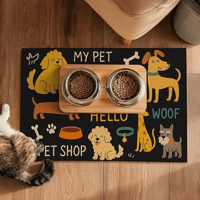 HOMETITUTE Cute Happy Dog Pattern Design Pet Food Mat 20" x 12" Fun Easy Clean Pet Feeding Mat Absorbent Cat Bowl Mat Non Slip Dog Foods Mats Pets Placemat for Dogs and Cat Feeding