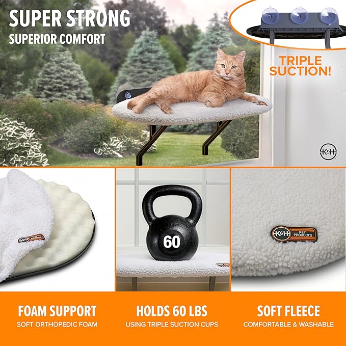 K&H Pet Products Universal Mount Cat Window Perch Bed for Large Cats, Orthopedic Window Hammock Holds 60 lbs, Sturdy Suction Cups, Washable Cover, Indoor Windowsill Furniture Bed - 14 X 24in Fleece