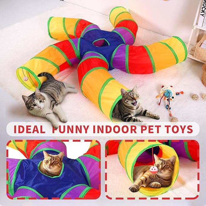 Pet Cat Tunnel, 5 Way Tunnels for Indoor Cats, Collapsible Pet Tunnel for Kitten, Puppy, Rabbit, 25cm-Wide Tunnels, Durable & Breathable, with Peek Hole Toy Ball