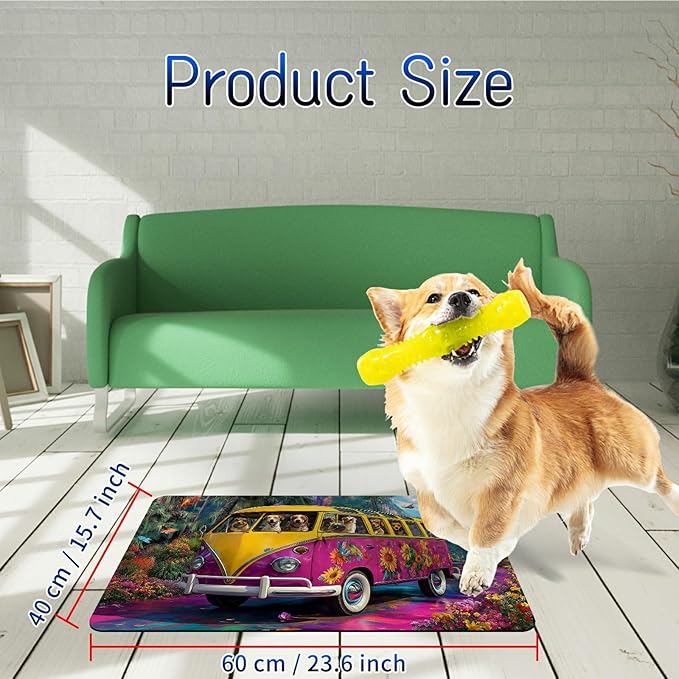 Dog Food Mat, 15.7" x 23.6" Absorbent Pet Feeding Mat for Food and Water, Waterproof Diatom Mud Pet Placemat with Non-Slip Rubber Backing, Easy Clean Cat Bowl Mat for Floors - Pink Car Forest