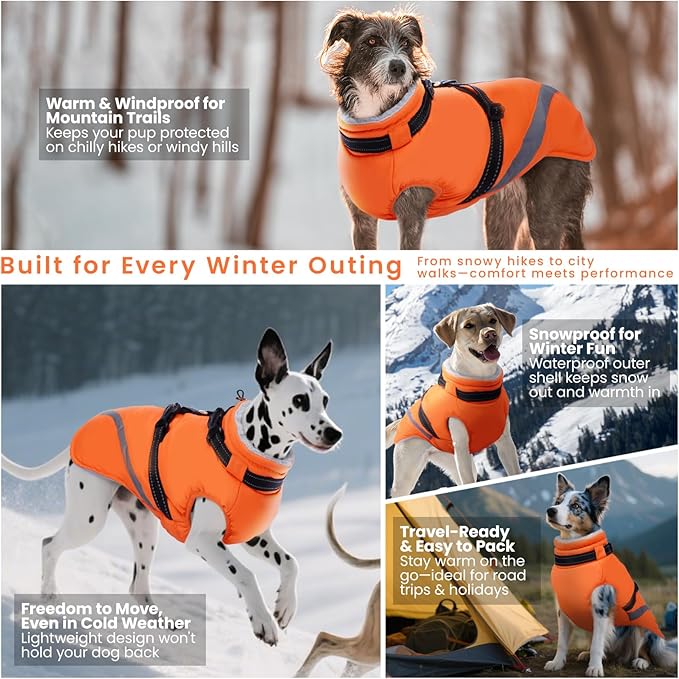 QBLEEV Large Dog Coat, Dog Winter Jacket for Large Dogs, XX-Large Waterproof Cold Weather Vest with Built-in Harness, Zipper & Reflective, Windproof Thick Warm Fleece Snowsuit Clothes, Orange, XXL