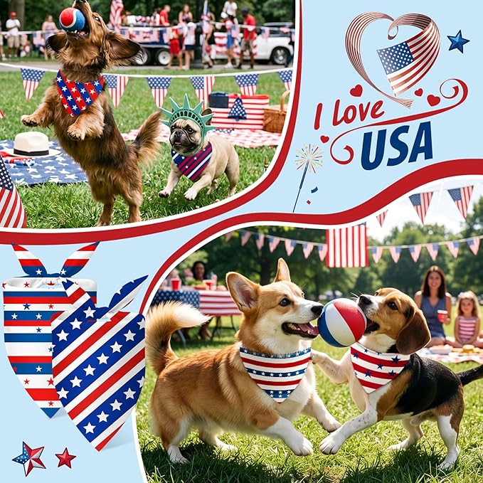 Weewooday 50 Pcs 4th of July Dog Bandanas Bulk for Patriotic 250th Anniversary, Red White Blue Striped Star Triangle Scarf for USA Memorial Small Medium Large(Striped Star, 19.7 x 13.8 x 13.8 Inch)