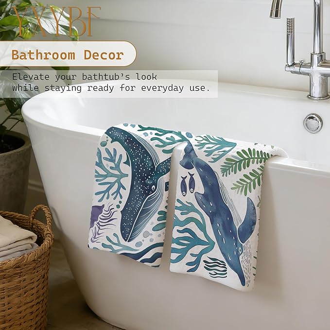 Blue Whale Nautical Coastal Hand Dish Tea Towels for Kitchen Bathroom Decor 16x24 Inches, Coastal Bathroom Decor, Ocean Marine Life Beach Kitchen Towels Decorative Set of 2