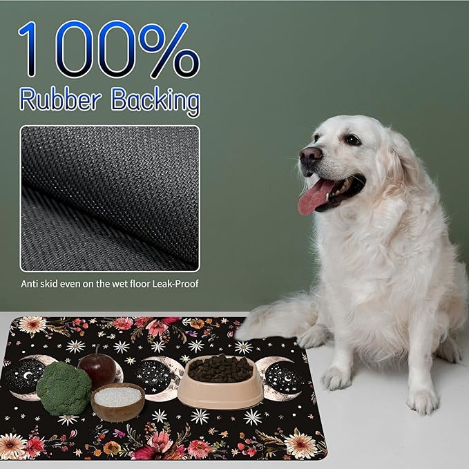 Dog Food Mat, 19.6" x 23.6" Absorbent Pet Feeding Mat for Food and Water, Waterproof Diatom Mud Pet Placemat with Non-Slip Rubber Backing, Easy Clean Cat Bowl Mat for Floors - Red Flower Moon