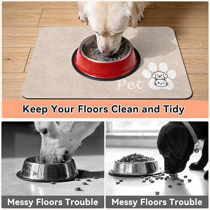 Dog Cat Feeding Mat-Absorbent Pet Bowl Mat for Food and Water, Quick Dry Water Dispenser Mat for Floors with Waterproof Rubber Backing, Large Dogs Placemat Mats for Messy Drinkers,17"x27",Taupe