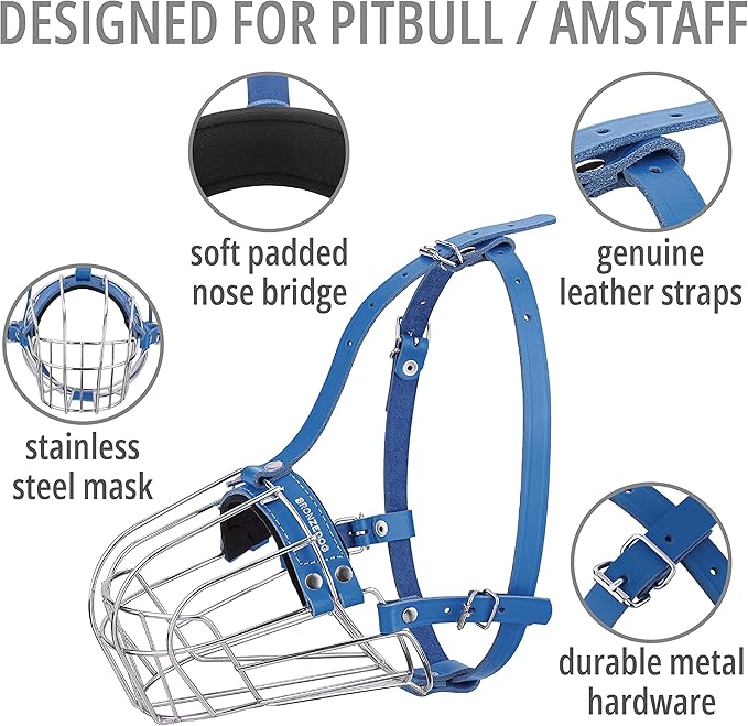 BRONZEDOG Pitbull Dog Muzzle Breathable Metal Basket for Large Dogs Amstaff Staffordshire Terrier Biting Chewing Barking (Leather, Blue)