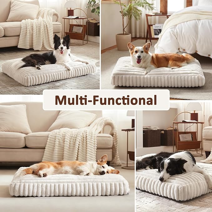 Dog Beds Large Sized Dog, Flat Pet Beds with Removable Washable Cover, Pet Mat Cute Pet Crate Bed Thick Shredded Chopped Crate Foam & Anti Slip Bottom for Indoor, 35"x23"x4" Cream