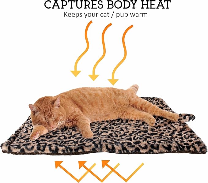 Downtown Pet Supply Thermal Cat Bed - Insulated Cat Mat with Aluminum Film & Sherpa Backing - Washer Safe Faux Fur Cover - Self-Warming Nap - Large - Animal Print Beige - 31 x 18 in