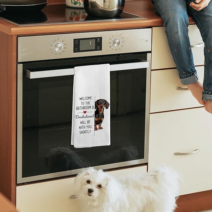 Funny Dachshund Dog Hand Towels for Bathroom, A Dachshund Will Be with You Shortly Hand Towels, Funny Weiner Dog Themed Dish Tea Towel for Kitchen Decor, Dogs Gifts for Women Men, 16x24