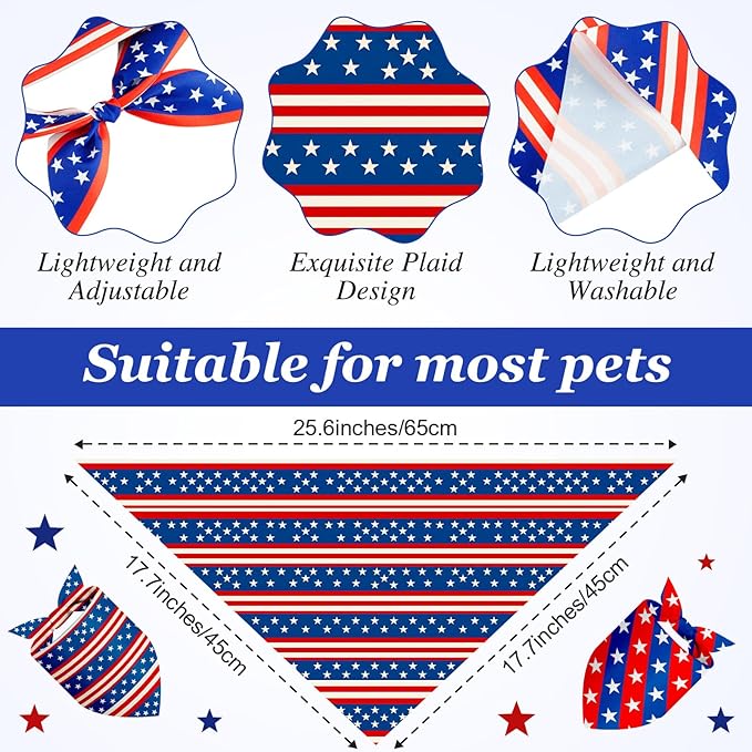 Weewooday 50 Pcs 4th of July Dog Bandanas Bulk for Patriotic American Striped Star Red White and Blue Independence Day Flag Scarf for Small Medium Large Outfit(Striped Star, 31.5 x 21.7 X21.7 Inch)