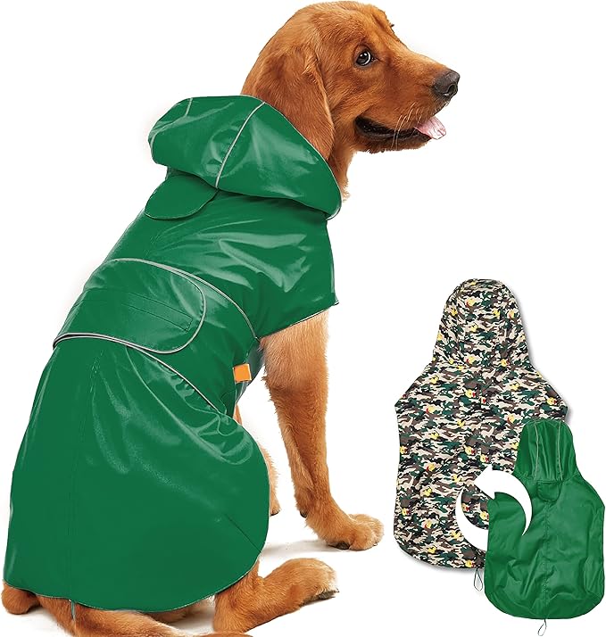 Kimee Dog Raincoat Reversible, Single Side Slicker Poncho Adjustable Waterproof Dog Rain Jacket with Leash Hole/Reflective Stripe Hooded Snowproof Windproof Clothes for Small to 3X-Large Dogs, 2XL