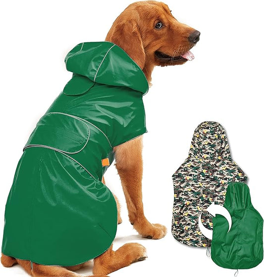 Kimee Dog Raincoat Reversible, Single Side Slicker Poncho Adjustable Waterproof Dog Rain Jacket with Leash Hole/Reflective Stripe Hooded Snowproof Windproof Clothes for Small to 3X-Large Dogs, 2XL