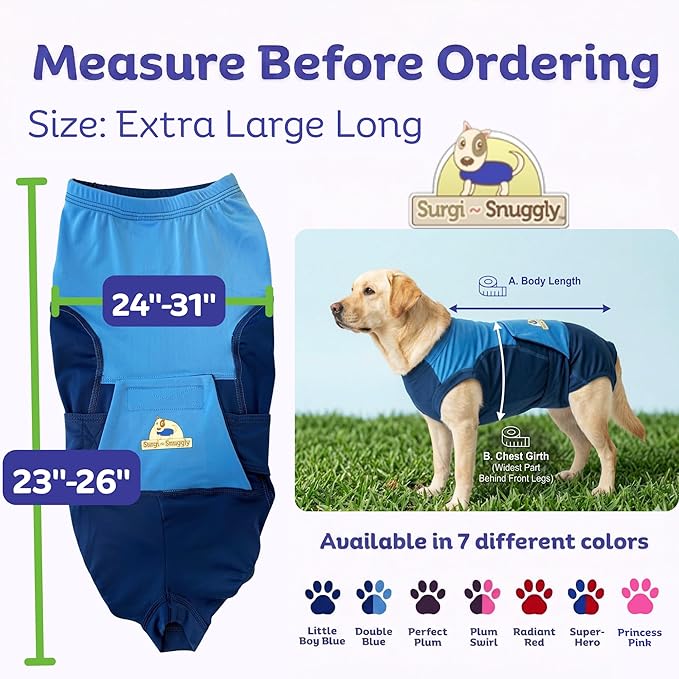 Surgi Snuggly Dog Surgery Recovery Suit – Dog Onesie for Post Surgery Recovery, Female Spay & Male Neuter – Surgical Suit for Dogs, E-Collar Cone Alternative, Double Blue - XL Long - 23" - 26" (EC)