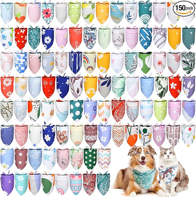 Huhumy 150 Pcs Boho Dog Bandanas Bulk Pet Bibs Colorful Triangle Scarf Pet Boho Bandanas for Medium Large Dogs Spring Summer Birthday Costume Decoration