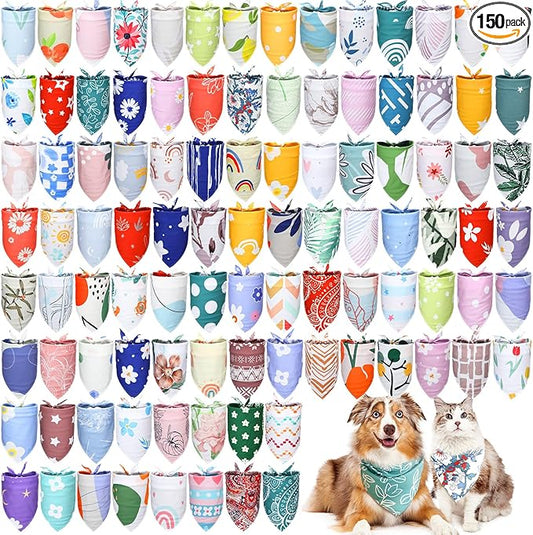 Huhumy 150 Pcs Boho Dog Bandanas Bulk Pet Bibs Colorful Triangle Scarf Pet Boho Bandanas for Medium Large Dogs Spring Summer Birthday Costume Decoration