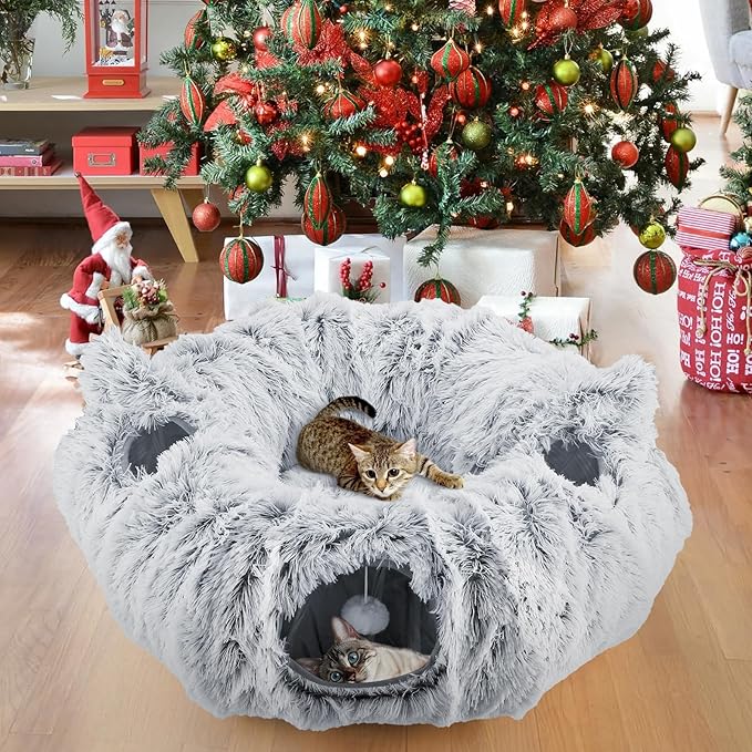Cat Tunnel Cat Bed for Indoor Cats,Christmas Tree cat Tunnel 3-in-1 Foldable Plush Donut Tunnel with Washable Cushion, Peekaboo Cat Cave with Ears for Kittens, Puppy, Rabbit (Gray)