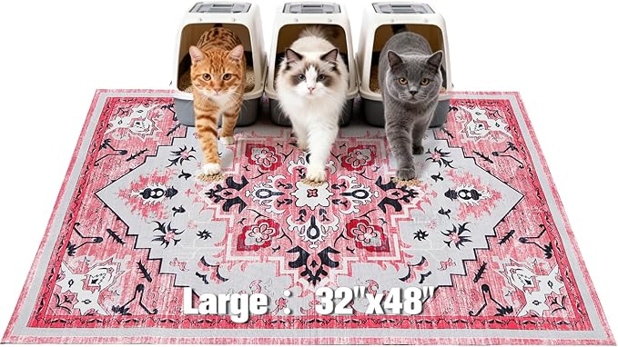 EXPAWLORER Cat Litter Mat, 32”x48” XL Non-Slip Urine Waterproof Litter Trapping Mat Easy to Clean Washable Litter Box Mat for Floor Soft on Kitty Paws, Indoor Food Mats Rug Pads for Bathroom Pink