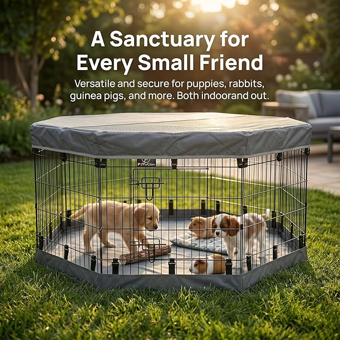 PJYuCien Octagonal Dog Playpen with Top Cover and Bottom Pad - Metal Foldable Exercise Pen, 8 Panels 30" H x 24" W Indoor Outdoor Pet Fence Puppy Crate Kennel, Gray
