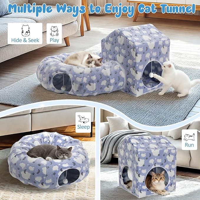 Pawaboo Cat Tunnel Bed for Indoor Cats, Cute Cat Donut Tunnel with Square House, Peekaboo Pet Cave Play Tunnels with Cave for Kitten/Rabbit, Basic Soft Blue