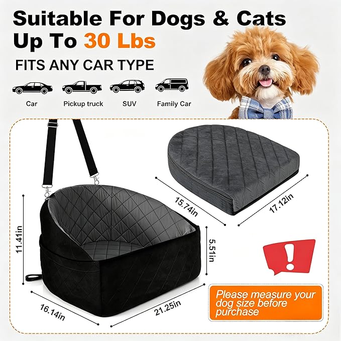 Dog Car Seat for Small Medium Dogs, Dog Booster Seat Travel Bed for Small Dogs up to 30 lbs, for Front/Back Seats – Washable Pet Car Seat with 2 Pockets (Black/Gray)