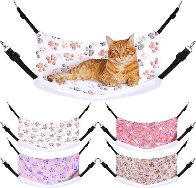 Geelin 4 Pcs Cat Hammock for Cage Soft Hanging Pet Hammock Bed with Adjustable Straps and Metal Hooks Double Sided Bed for Large & Small Cats Ferret Rat Sugar Glider(Paw,16 x 20 Inch)