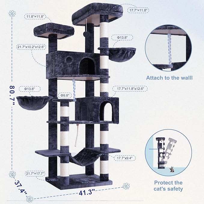 Gitelsnour Tall Cat Tree, Large Cat Tower for Adult Cats, 80.7'' (205cm) Heavy-Duty Cat Tree House for Indoor Cats 20 lbs+ with Scratching Posts, 2 Top Perches/Condos, Hammcok, Smoky Gray GCT034G