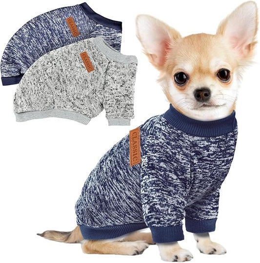 2 Pack Dog Sweaters for Small Dogs Girl Boy Winter Fleece Clothes Warm Soft Dog Sweatshirt Outfit for Dogs Cats Pet Apparel (Grey+Navy Blue, S (Back: 11.8",Chest: 15.7", 5.5-10Ibs))