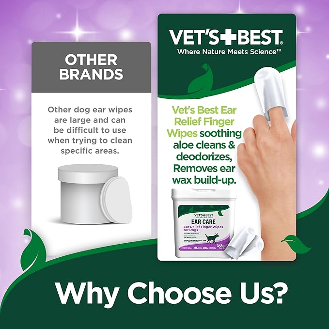 Vet's Best Ear Relief Finger Wipes | Ear Cleansing Finger Wipes for Dogs | Sooths & Deodorizes | 50 Disposable Wipes