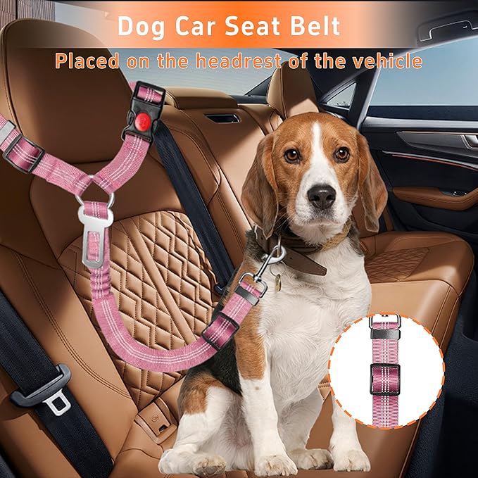 Seyezo 3-Piece Dog Car Harness Set - Retractable, Adjustable, Reflective Dog Seatbelt for Vehicle Headrests - Heavy Duty & High Elastic, Pink