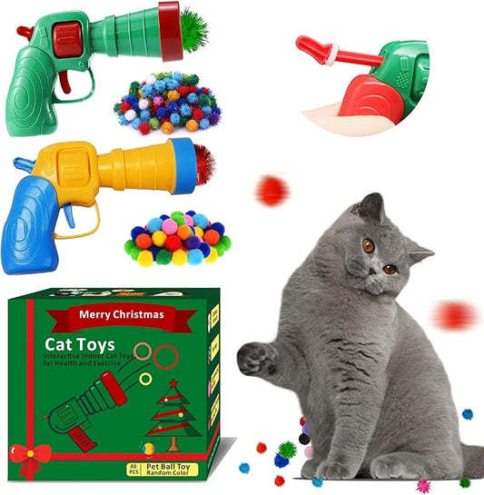 82Pcs Cat Toys Gun Launcher,Cat Toy Ball Launcher Gun，Cat Toy Launchers，Low Noise Interactive Cat Ball Launcher Gun，30 Pcs Sparkle Pom Pom Balls for 50Pcs Pom Pom Balls