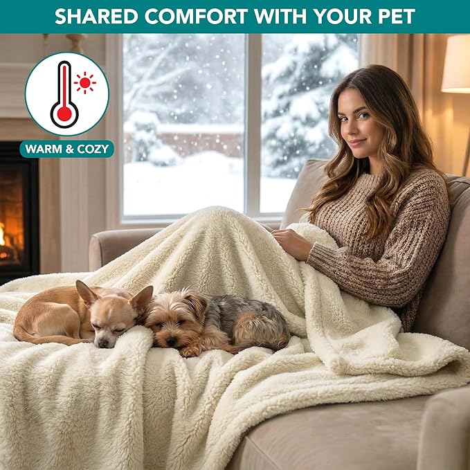 PetAmi Fluffy Waterproof Dog Blanket for Couch and Bed, Reversible Sherpa Pet Throw, Pee Proof Furniture Protector Sofa Cover, Washable Cat Blanket for Small Medium Dogs and Cats (Beige Cream, 24x32)