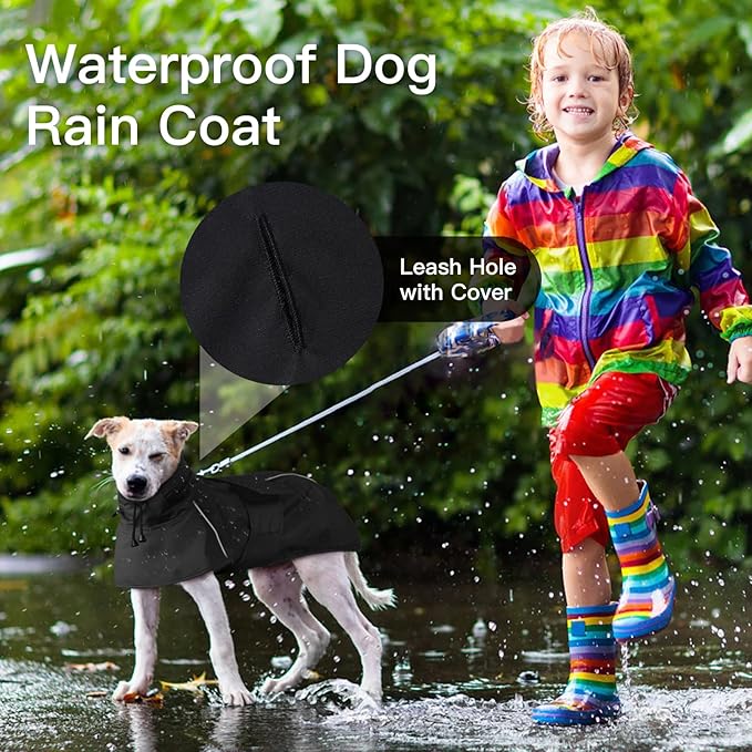 Waterproof Dog Raincoat, Windproof Rain Jacket for Large Dogs with Reflective Strips, Convertible Hood/Collar Poncho with Leash Hole Full Body Protection (Black, XXL)