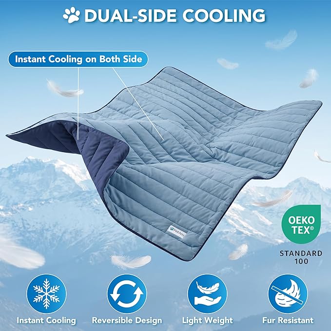 PetAmi Dog Cooling Mat, Q-Max Pet Cooling Blanket with Thick Cushioning, Self Cooling Pad for Dogs & Cats, Reversible Summer Mat for Crate, Couch, Kennel, Navy/Dusty Blue, Small (24x32)